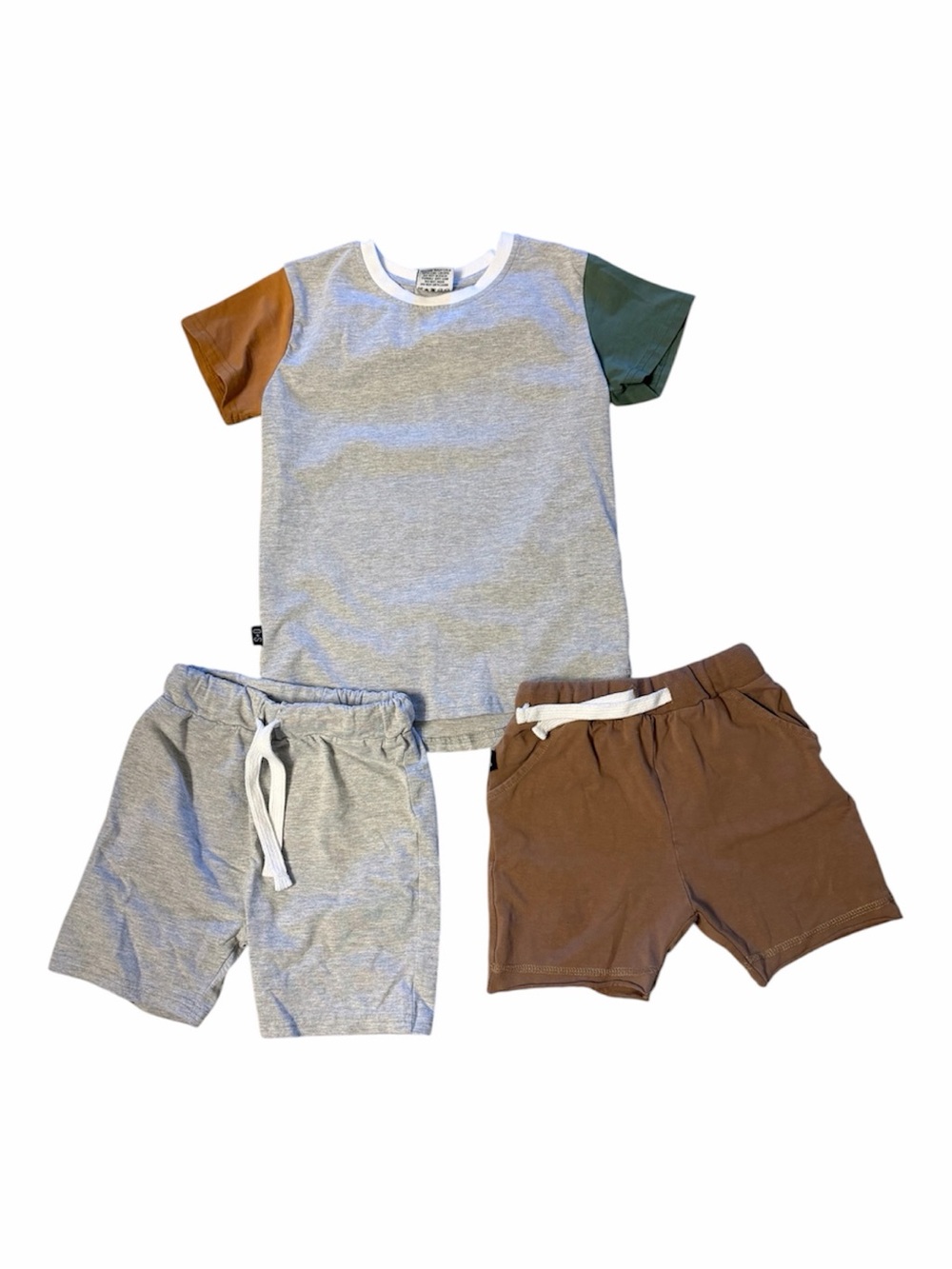 Olive and Scout Colorblock Sleeve Tee & Shorts Set - Grey, Brown & Green